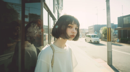 住宅街を歩くかわいい若い女性