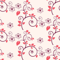 Floral Seamless Pattern in Pink and Burgundy on Cream Background