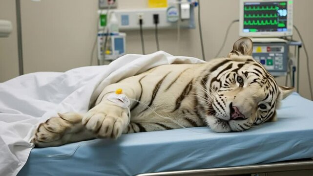 White tiger with stripes is sick and lying on a bed in a veterinary hospital