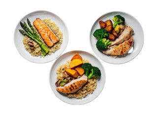 Three plates featuring grilled salmon, quinoa, and vegetables on a white background.