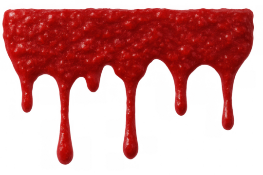Red sauce dripping down on a transparent background, perfect for adding a touch of flavor to food images or creating a spooky halloween effect