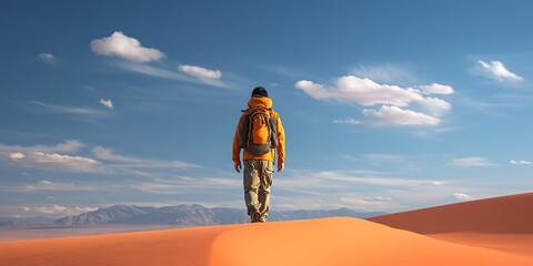 Backpacker hiking in desert with sand dunes background