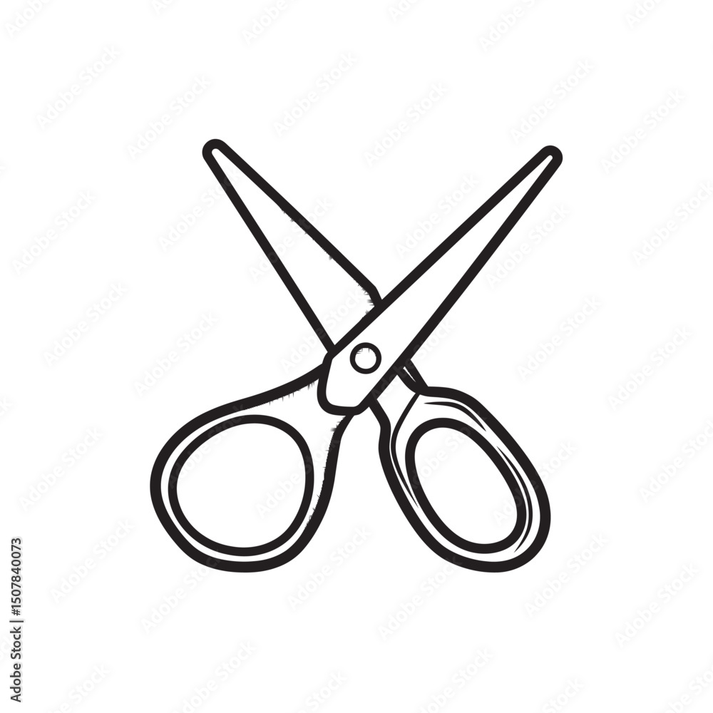 Poster single sketch showcases scissors open and ready to cut on a transparent background