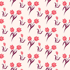 Floral Seamless Pattern in Pink and Burgundy on Cream Background