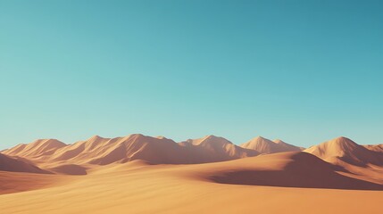 Fototapeta premium Vast desert landscape with sand dunes and mountains under a clear sky.
