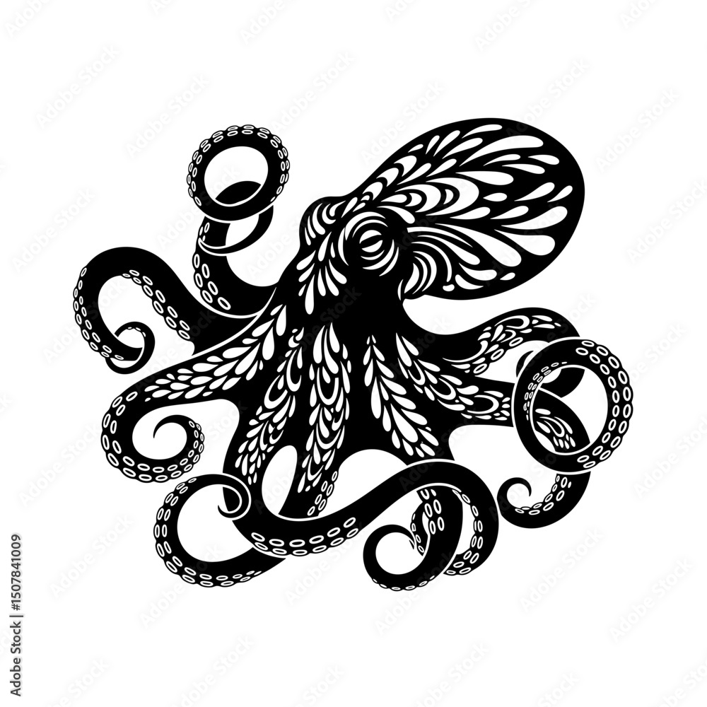 Poster vector detailed octopus illustration with intricate patterns and curling tentacles artwork design el