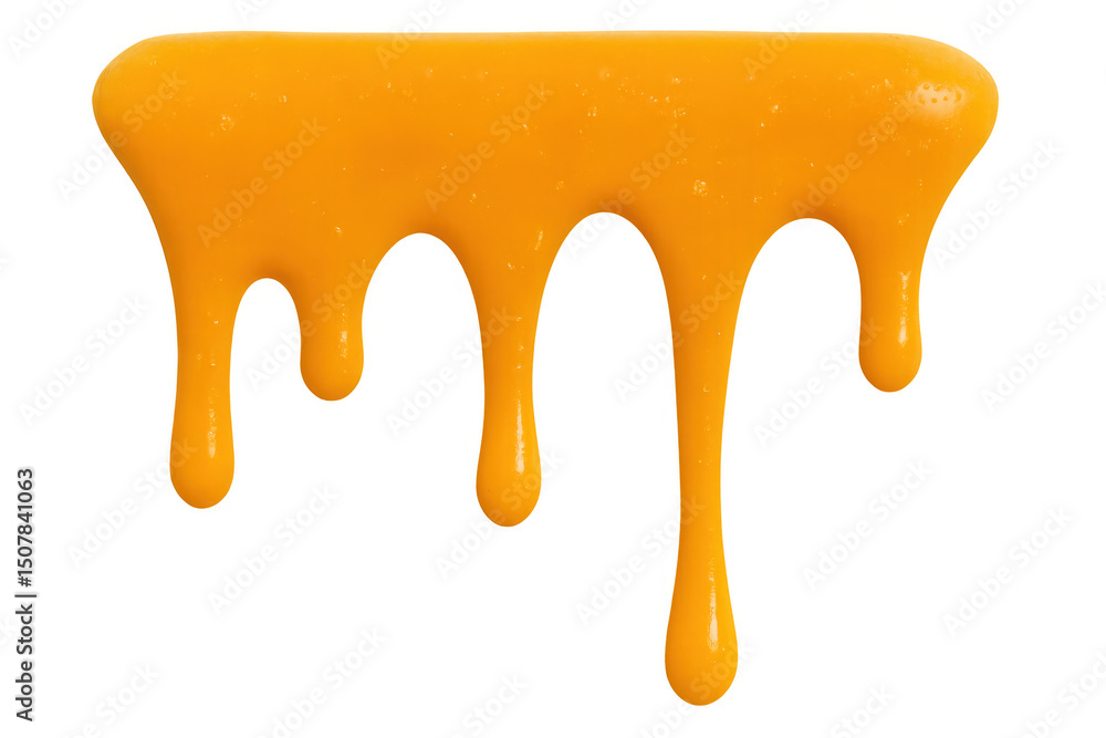 Poster viscous orange liquid dripping down on a transparent background, creating a sticky and gooey effect