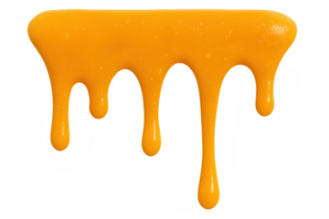 Viscous orange liquid dripping down on a transparent background, creating a sticky and gooey effect
