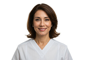 Mature Hispanic woman, a smiling healthcare professional in a white uniform, isolated on a transparent background. Portrait of a friendly female doctor or nurse.
