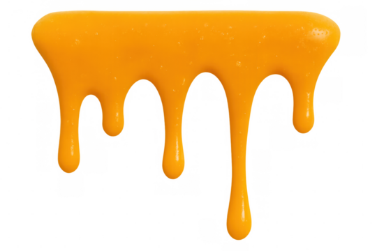 Viscous orange liquid dripping down on a transparent background, creating a sticky and gooey effect
