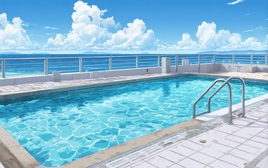 Empty Pool With Ocean View On Sunny Day