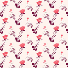 Floral Seamless Pattern in Pink and Burgundy on Cream Background