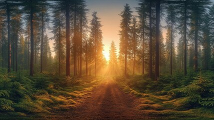 Fototapeta premium Sunlight filtering through a dense forest.