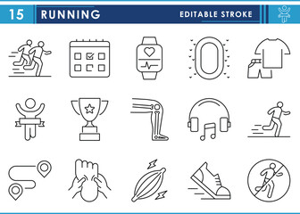 A set of line icons related to running. Run, fast, competition, track, injury, and so on. Vector editable stroke.