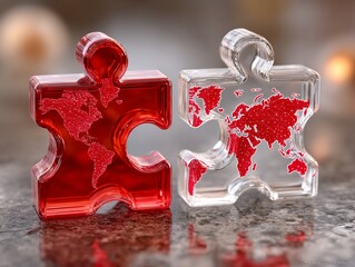 Glass puzzle pieces showcase a fractured world map