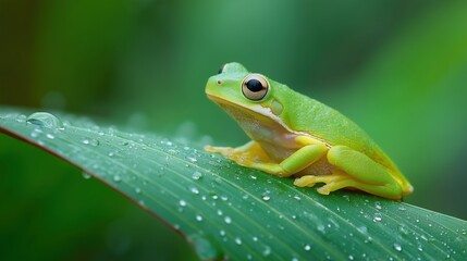 Obraz premium A vibrant tree frog rests on a tropical leaf, embodying nature's delicate beauty.