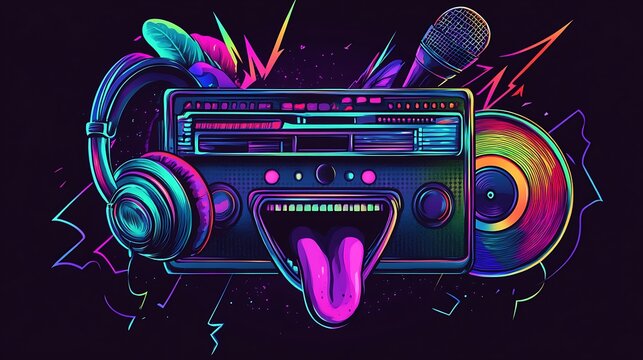 Retro music equipment design with vibrant colors.