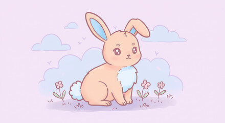 Adorable Pastel Bunny Rabbit Sitting in a Flower Garden Cute Cartoon Illustration