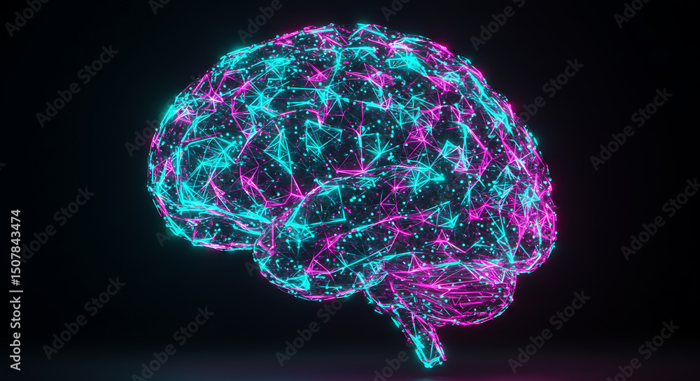 Poster abstract neon brain pink and cyan wireframe neural network visualization