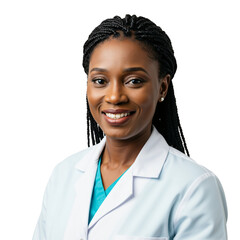 Portrait of a young African American female doctor or scientist smiling confidently. Professional Black woman in a white lab coat and scrubs, isolated on a transparent background. Healthcare concept.
