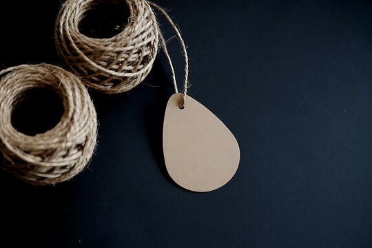 Brown kraft paper gift tag with twine string and rolls of jute twine on black background, rustic packaging supplies
