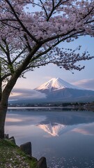 Fototapeta premium Mount Fuji with Cherry Blossoms at Lake Kawaguchi, Japan Spring Landscape at Sunrise, Scenic Reflection View 