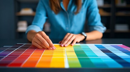 Fototapeta premium Female designer pointing at color swatches in workspace