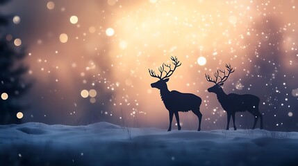 Silhouettes of deer in a snowy forest at twilight.