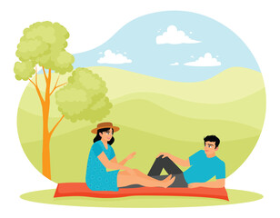 Outdoor Picnic With Relaxing Couple in Scenic Nature Landscape.