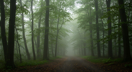 Fototapeta premium Mysterious Foggy Forest Path Serene Green Trees Misty Woodland Road