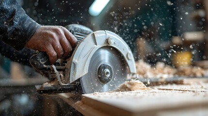 Cutting Wood with Circular Saw Creating Sawdust in Workshop