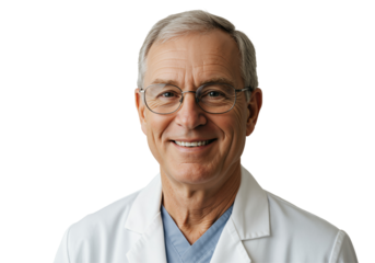 Friendly senior Caucasian male doctor with glasses, wearing a white lab coat and blue scrubs, smiling confidently. Experienced medical professional isolated on a transparent background.