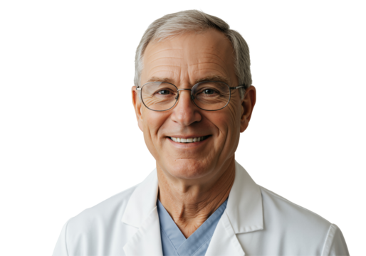Friendly senior Caucasian male doctor with glasses, wearing a white lab coat and blue scrubs, smiling confidently. Experienced medical professional isolated on a transparent background.