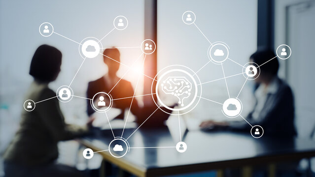 会議するビジネスパーソンのグループとAI・人工知能のコンセプト　バナー・広告向け横長ビジュアル