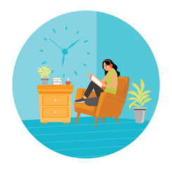 Woman Relaxing at Home While Playing Tablet and Using Headset.