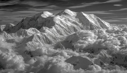 Monochrome Aerial View Of Snowy Mountain Peaks