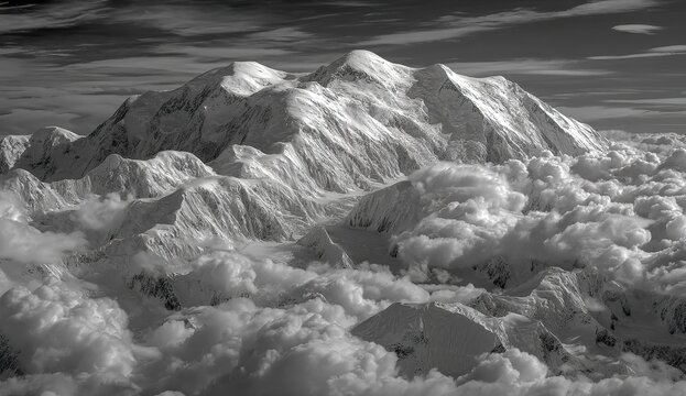 Monochrome Aerial View Of Snowy Mountain Peaks