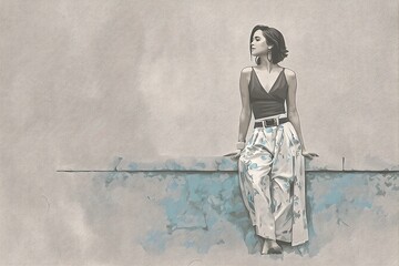 Woman leaning on wall in confident pose