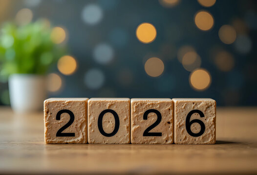 2026 year block on table. goal, Resolution, strategy, plan, start, budget, mission, action, motivation and New Year concepts