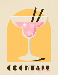 Summer cocktail in glass with straw and ice. Retro poster for pub, bar, cafe, restaurant. Minimalist contemporary vertical print. Vector illustration with grungy wall textured