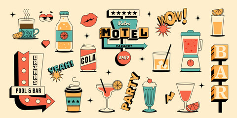 Retro bar and party themed elements, drinks, motel sign, neon signs and more. Fun design for nightlife, events or vintage illustrations. Flat vector set in 1950s style