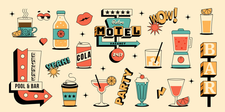 Retro bar and party themed elements, drinks, motel sign, neon signs and more. Fun design for nightlife, events or vintage illustrations. Flat vector set in 1950s style