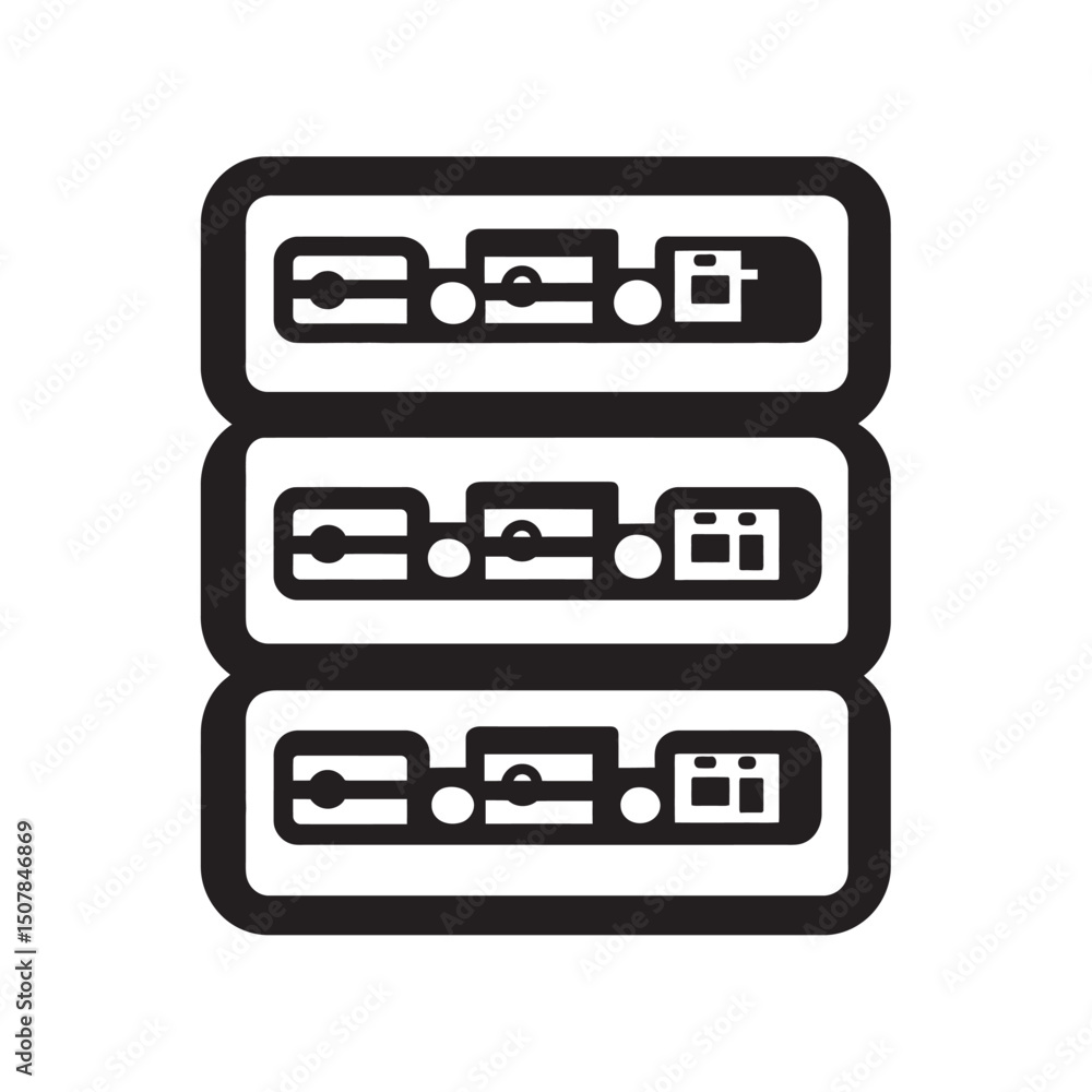 Poster stacked server icon shows three layers of abstracted data infrastructure in black monochrome