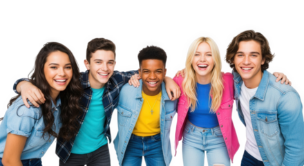 Group of happy teenagers smiling and laughing together in a joyful and casual portrait photo session on transparent background