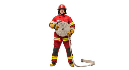 Fireman holding fire hose emergency services safety equipment professional firefighter hero rescuer job on transparent background