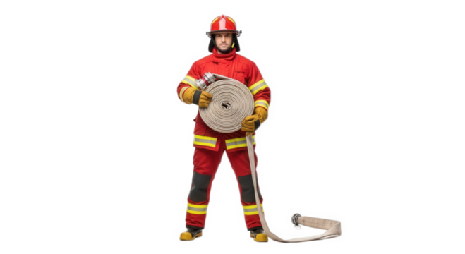 Fireman holding fire hose emergency services safety equipment professional firefighter hero rescuer job on transparent background