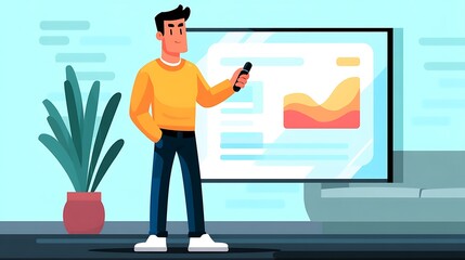 Man creating pitch deck slides on big screen