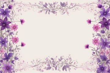Fototapeta premium Pastel floral frame with pink cosmos and blue feathers on antique textured paper background.
