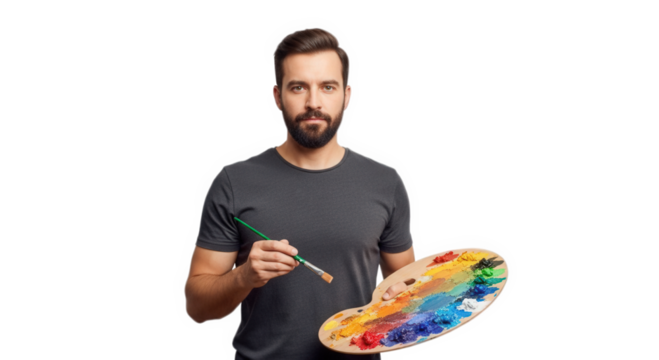 Portrait of a male artist holding a paintbrush and palette with vibrant colors on black background on transparent background - Powered by Adobe