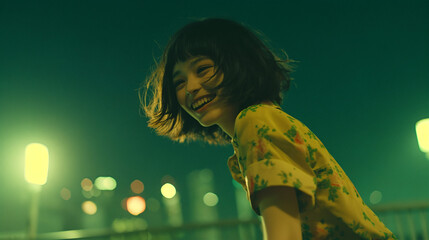 夜の街で笑いはしゃぐ女性
